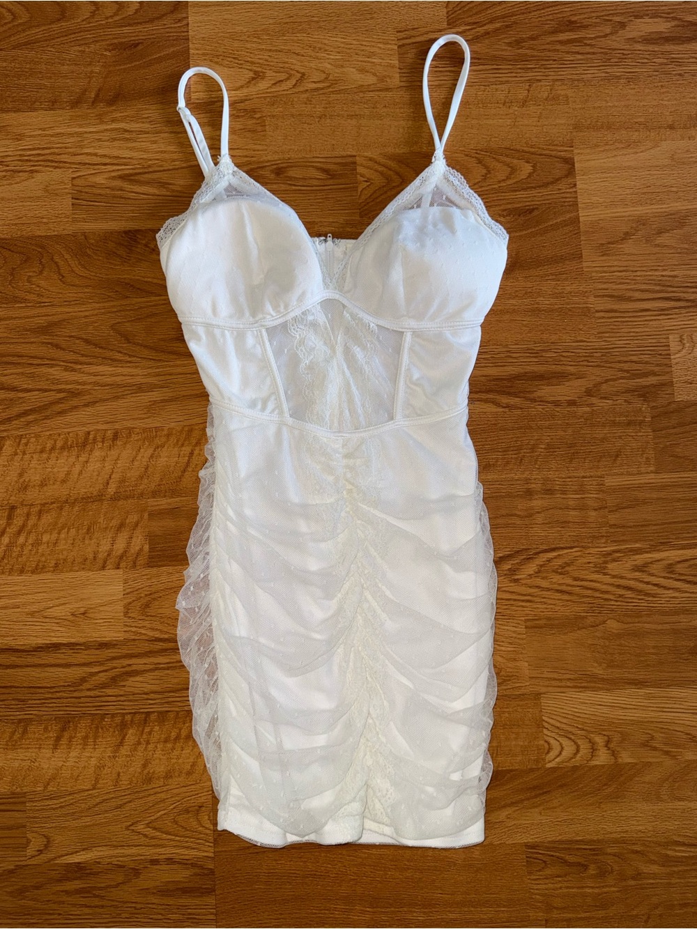 Fashion Nova White Lace Ruched Mini Dress - Small